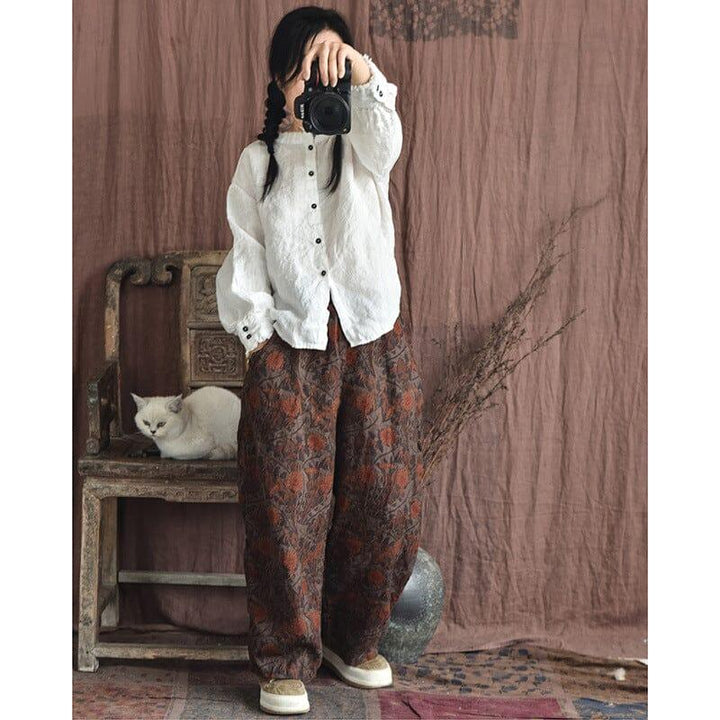 Women Retro Print Casual Loose Linen Pants - ZYLIRA