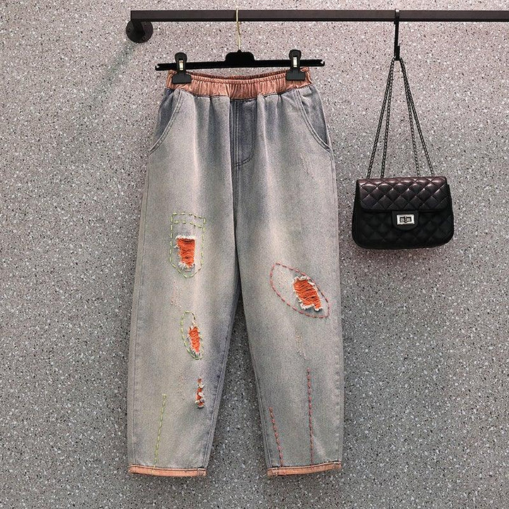 Women Retro Ripped Spring Autumn Harem Cotton Jeans - ZYLIRA