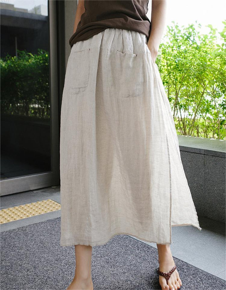 Women Slit Cotton Linen Wide Leg Cropped Pants - ZYLIRA