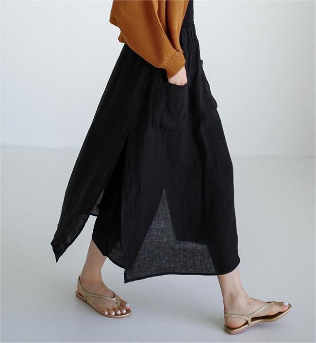 Women Slit Cotton Linen Wide Leg Cropped Pants - ZYLIRA