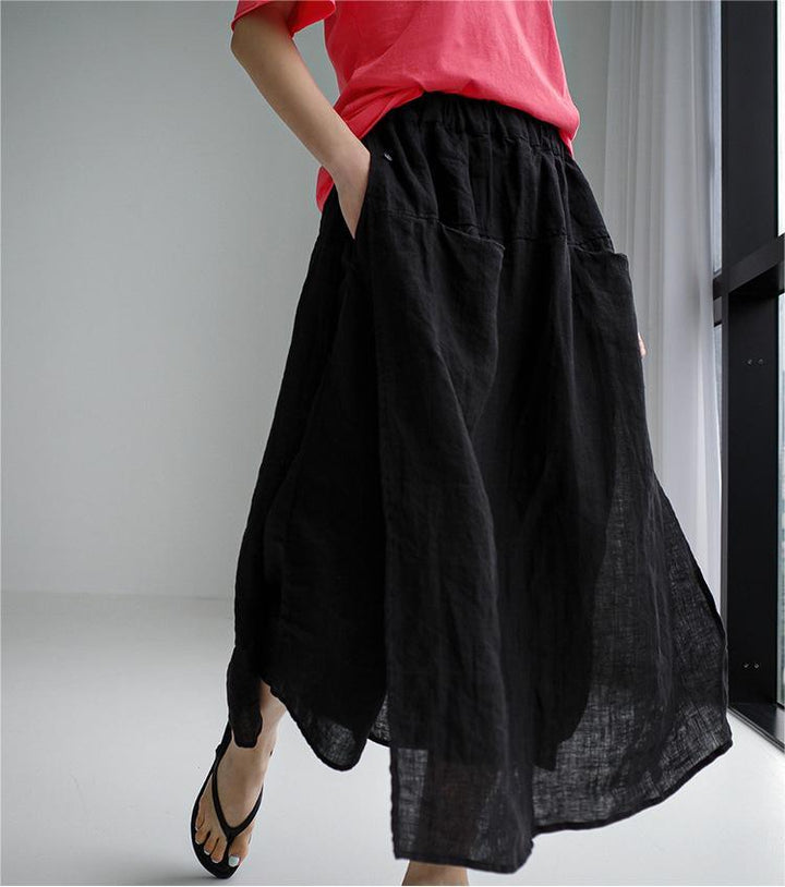 Women Slit Cotton Linen Wide Leg Cropped Pants - ZYLIRA