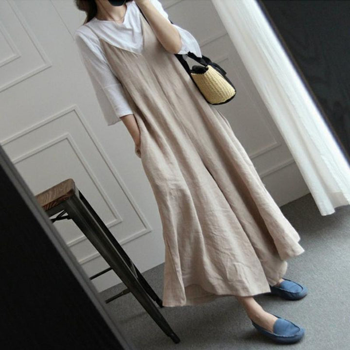 Women Solid Loose Wide Leg Casual Linen Sleeveless Jumpsuits - ZYLIRA