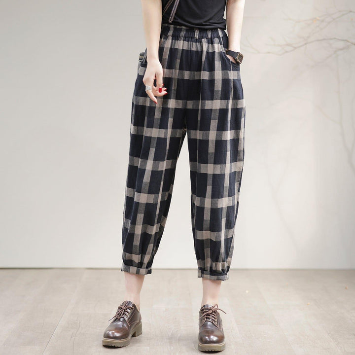 Women Spring Casual Loose Cotton Plaid Harem Pants - ZYLIRA