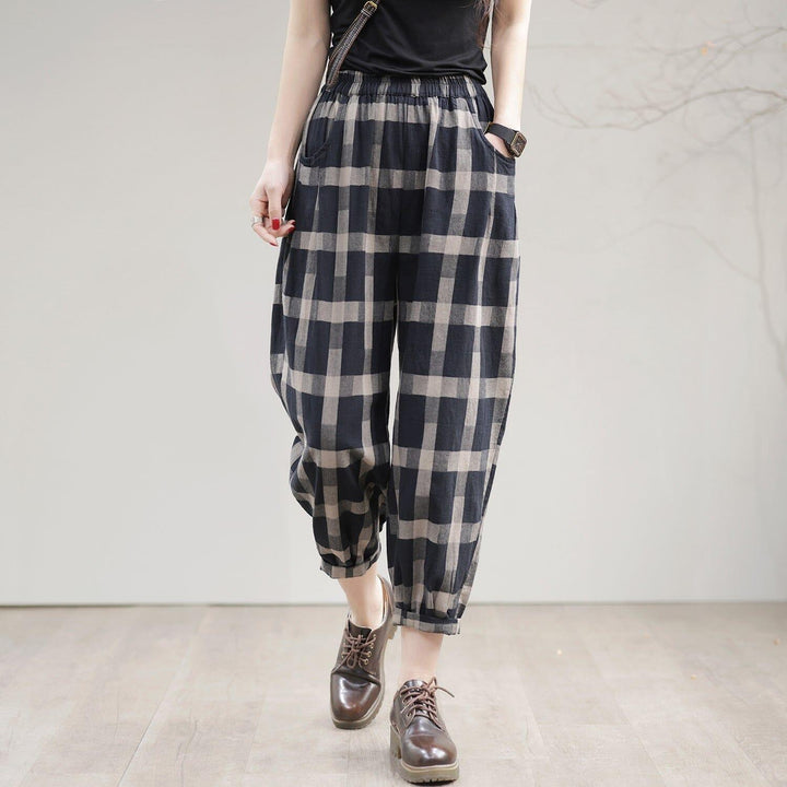 Women Spring Casual Loose Cotton Plaid Harem Pants - ZYLIRA