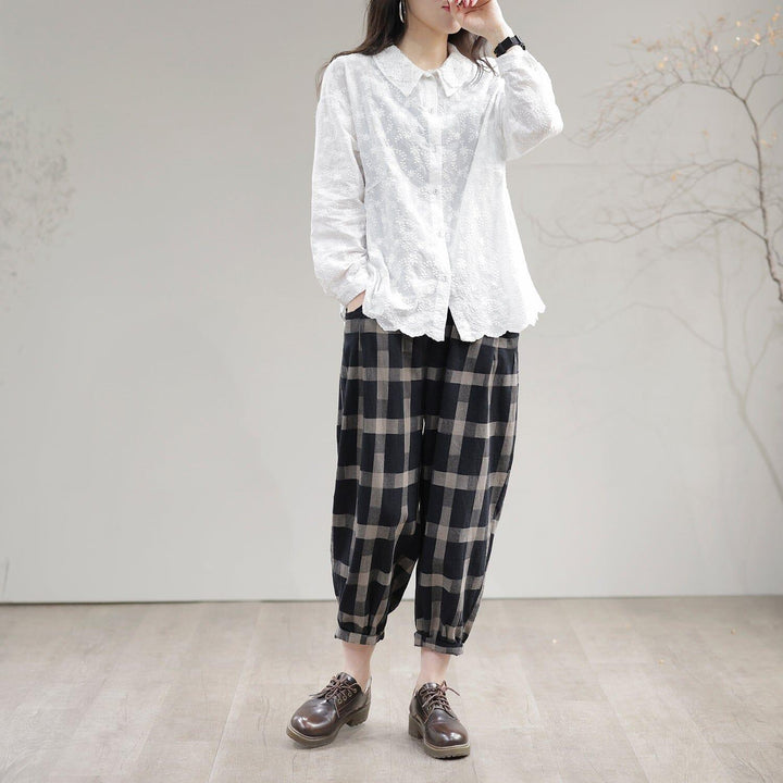 Women Spring Casual Loose Cotton Plaid Harem Pants - ZYLIRA