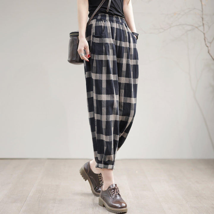 Women Spring Casual Loose Cotton Plaid Harem Pants - ZYLIRA