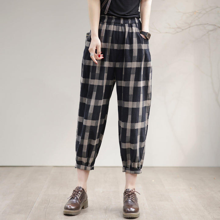 Women Spring Casual Loose Cotton Plaid Harem Pants - ZYLIRA