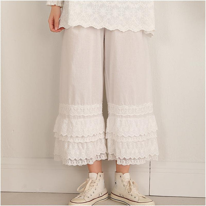 Women Spring Cotton Ruffle Bottom Wide Leg Pants - ZYLIRA