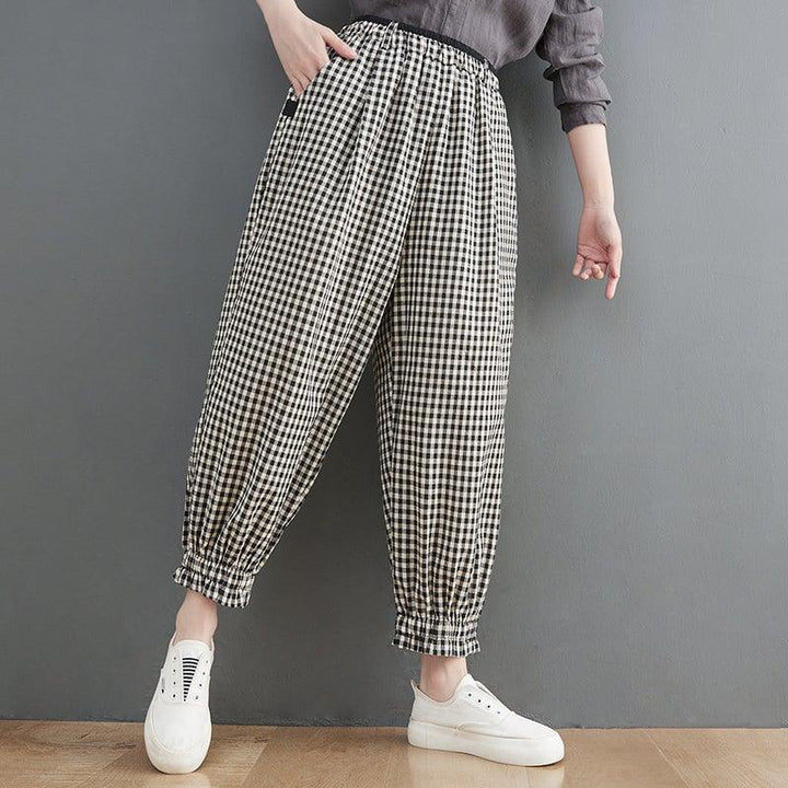 Women Spring Loose Plaid Linen Harem Pants - ZYLIRA