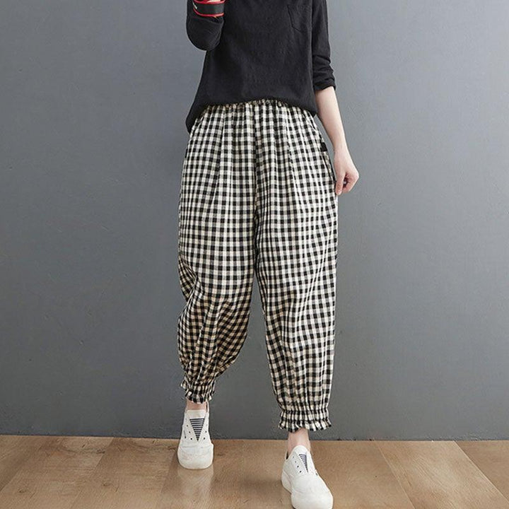 Women Spring Loose Plaid Linen Harem Pants - ZYLIRA