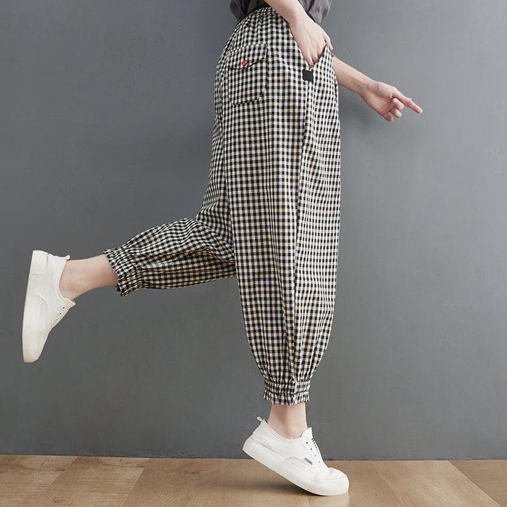 Women Spring Loose Plaid Linen Harem Pants - ZYLIRA