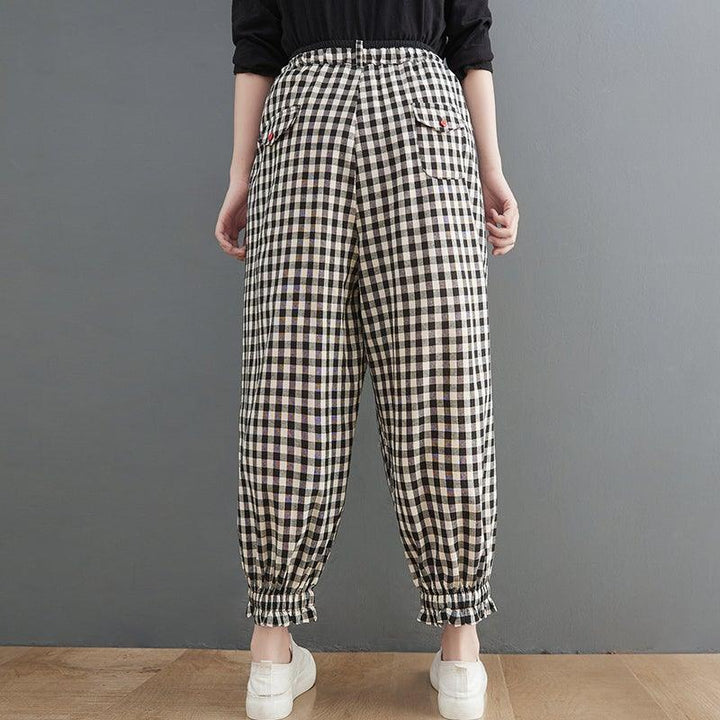 Women Spring Loose Plaid Linen Harem Pants - ZYLIRA