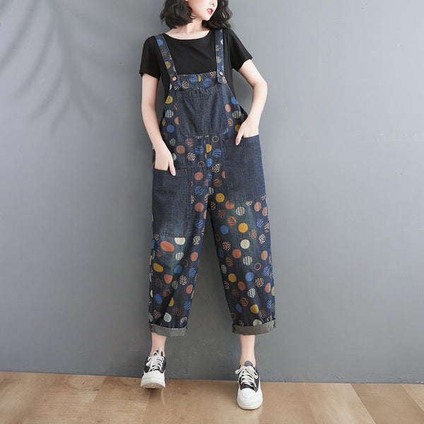 Women Spring Summer Retro Pots Loose Denim Harem Jumpsuit - ZYLIRA