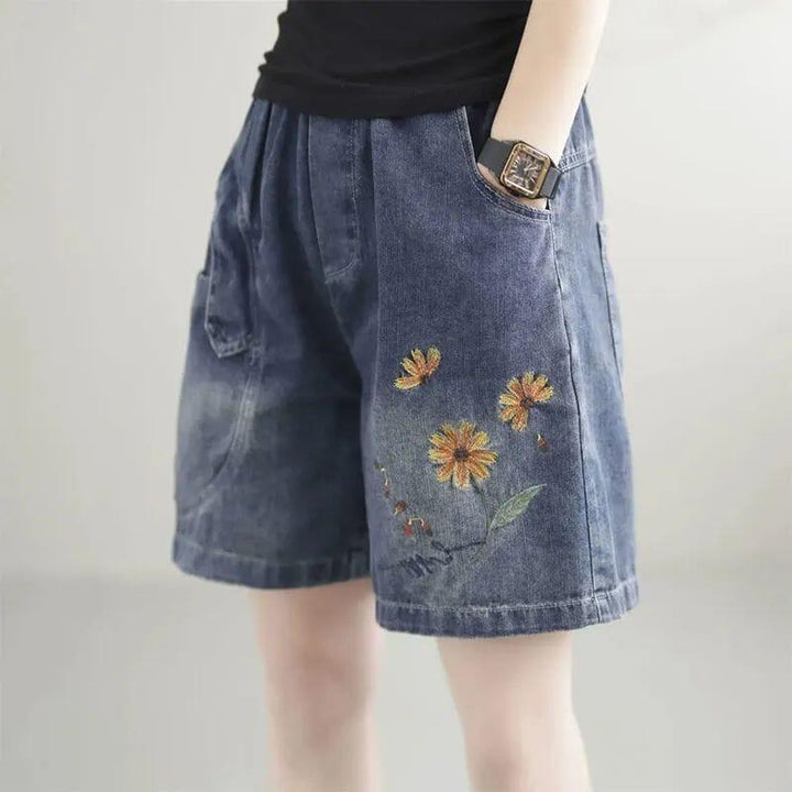 Women Summer Casual Embroidery Loose Denim Shorts - ZYLIRA