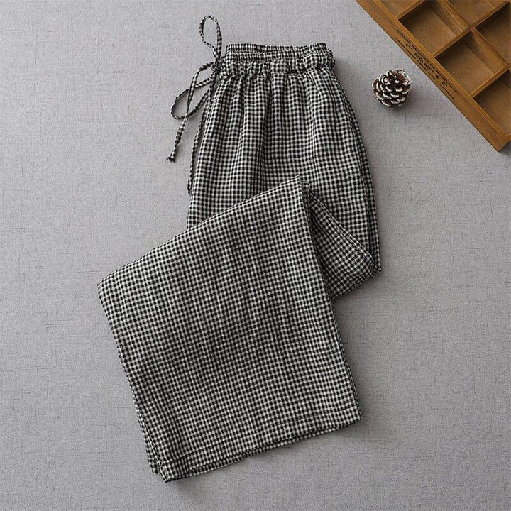 Women Summer Cotton Linen Wide Leg Plaid Pants - ZYLIRA