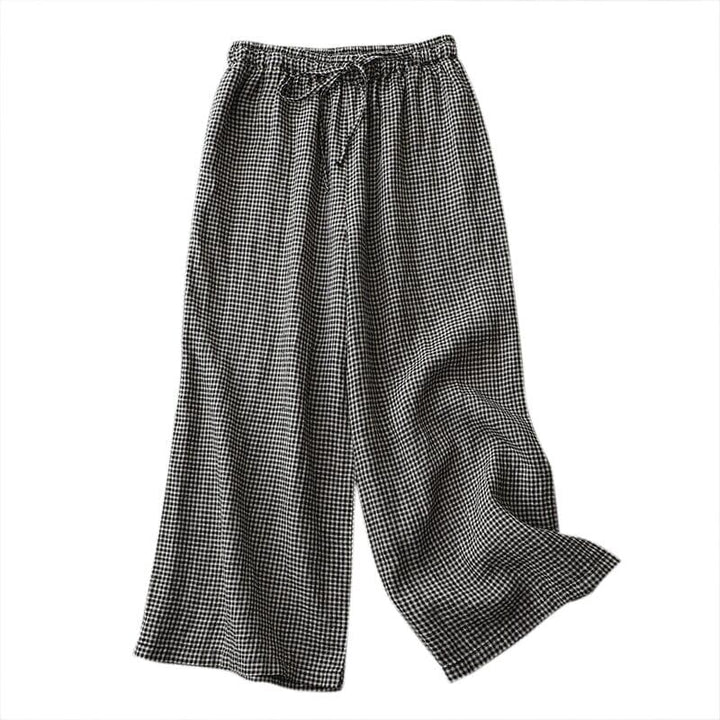 Women Summer Cotton Linen Wide Leg Plaid Pants - ZYLIRA