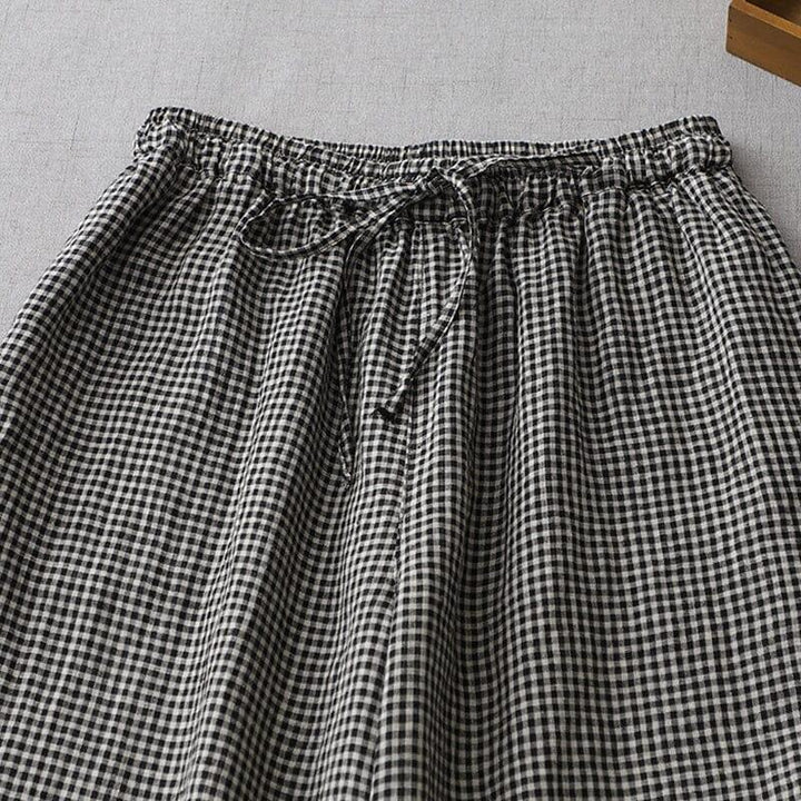 Women Summer Cotton Linen Wide Leg Plaid Pants - ZYLIRA