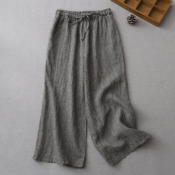 Women Summer Cotton Linen Wide Leg Plaid Pants - ZYLIRA