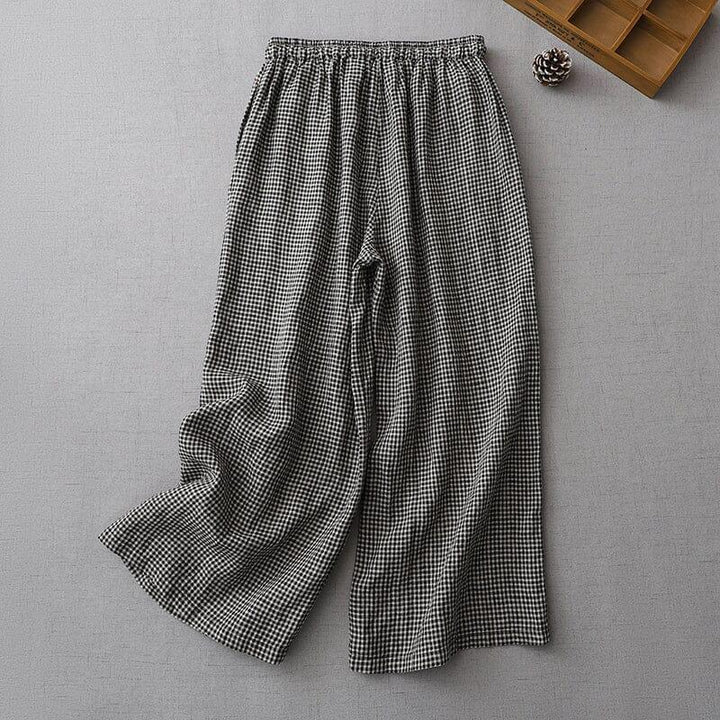 Women Summer Cotton Linen Wide Leg Plaid Pants - ZYLIRA