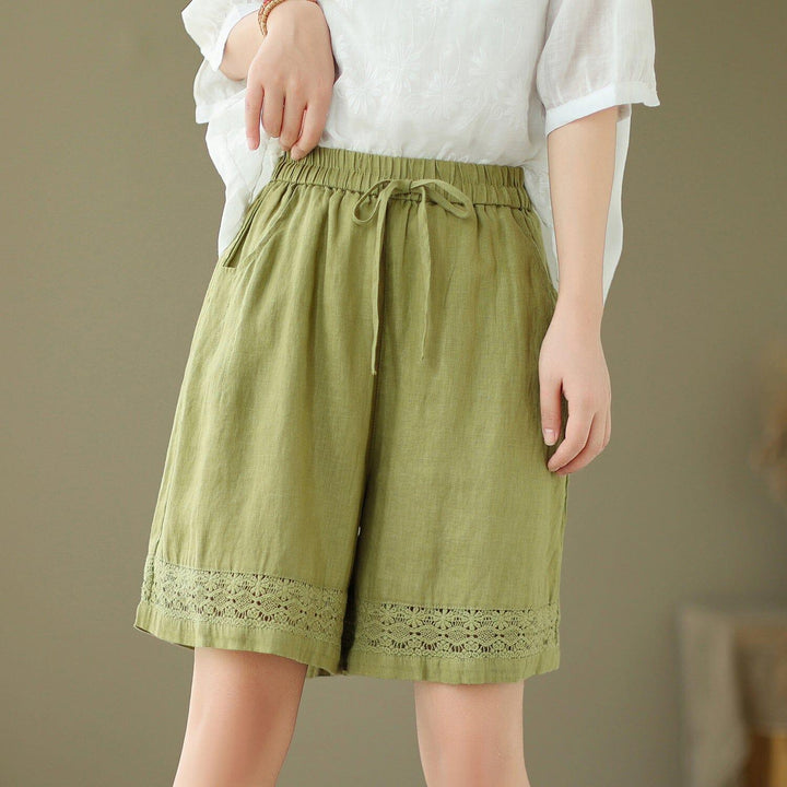 Women Summer Linen Embroidery Hollow Loose Shorts - ZYLIRA