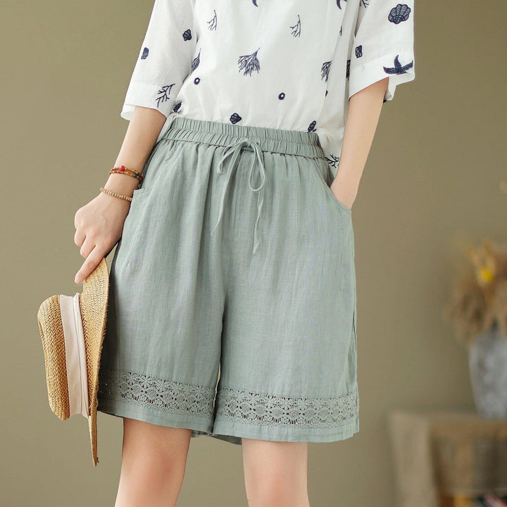 Women Summer Linen Embroidery Hollow Loose Shorts - ZYLIRA