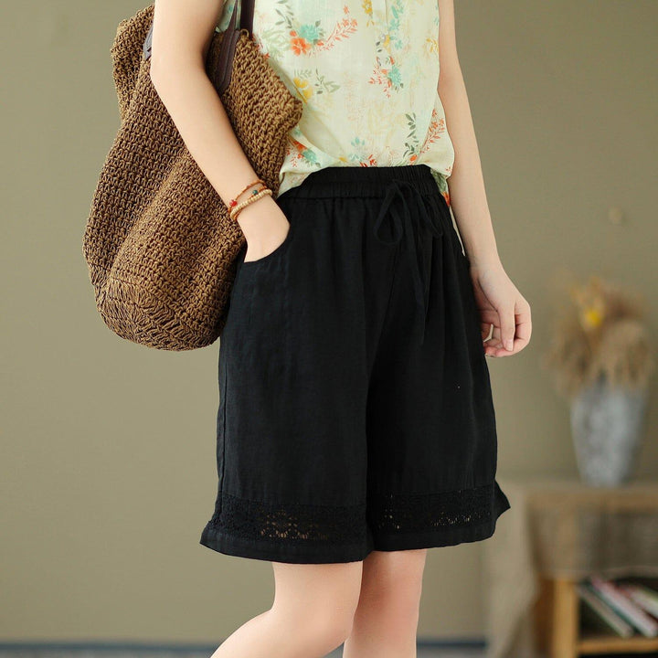 Women Summer Linen Embroidery Hollow Loose Shorts - ZYLIRA