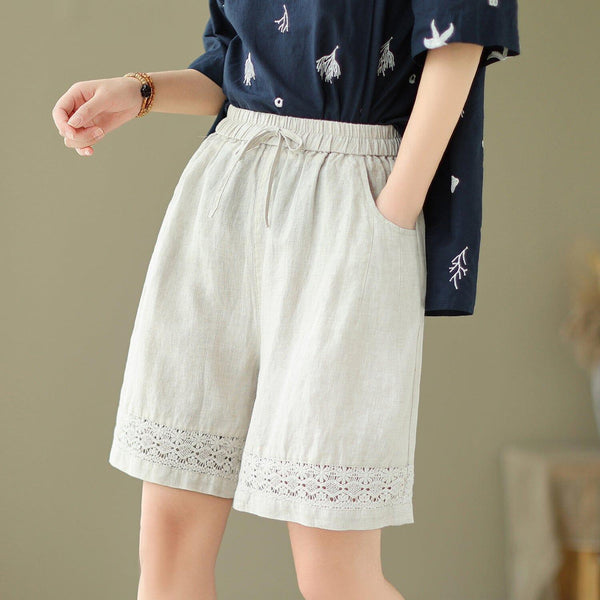 Women Summer Linen Embroidery Hollow Loose Shorts - ZYLIRA