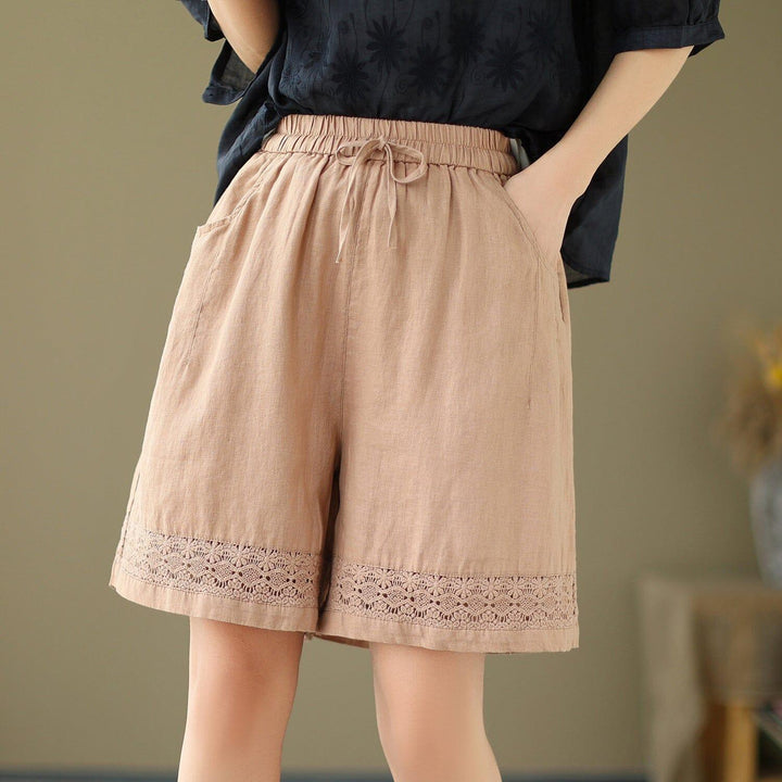 Women Summer Linen Embroidery Hollow Loose Shorts - ZYLIRA