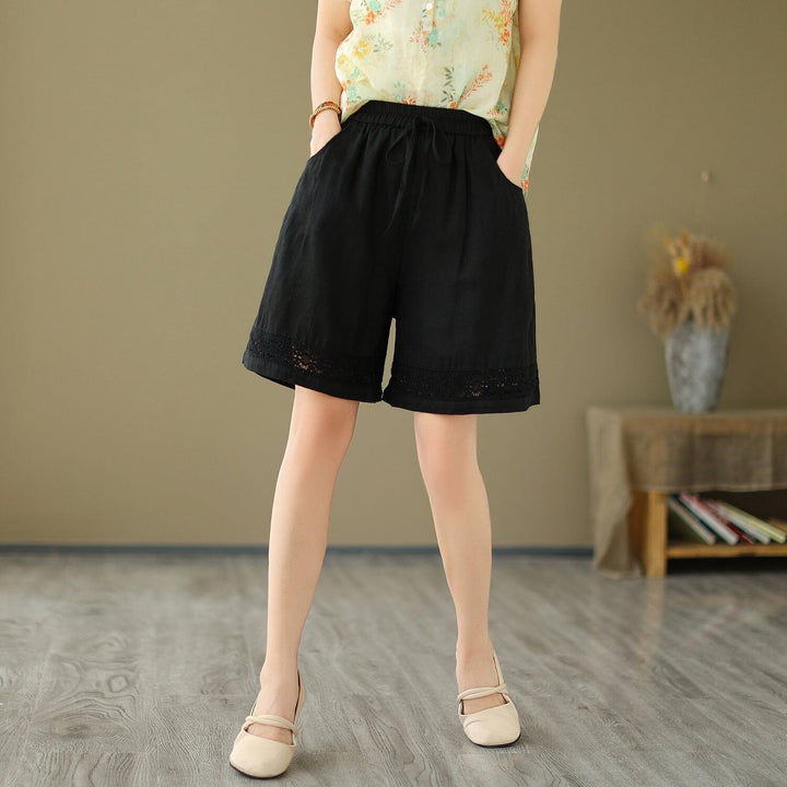 Women Summer Linen Embroidery Hollow Loose Shorts - ZYLIRA