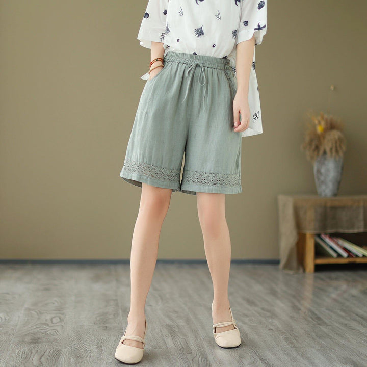 Women Summer Linen Embroidery Hollow Loose Shorts - ZYLIRA