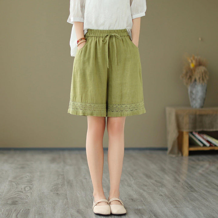 Women Summer Linen Embroidery Hollow Loose Shorts - ZYLIRA