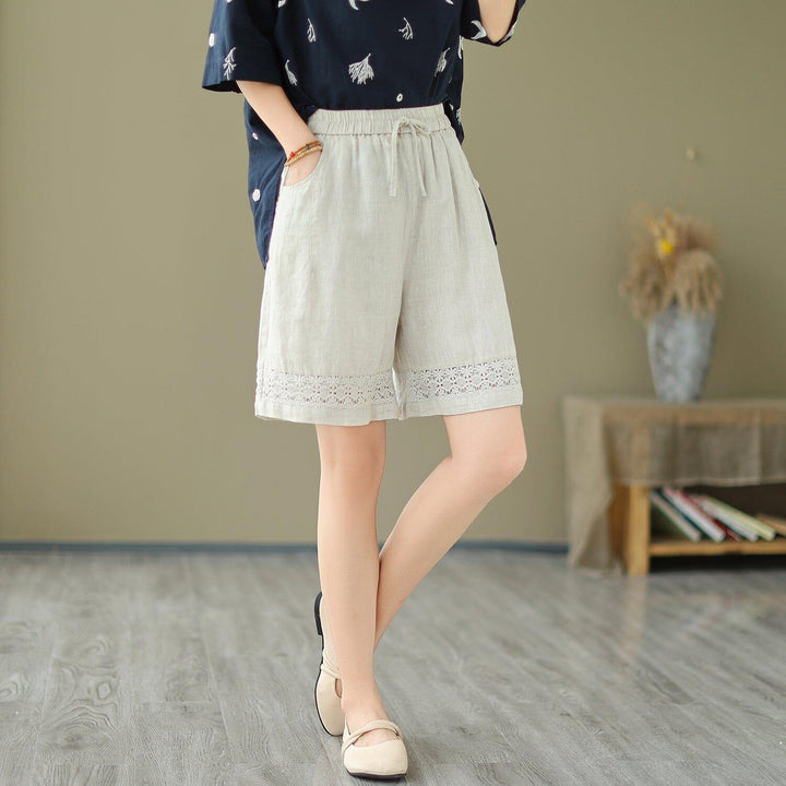 Women Summer Linen Embroidery Hollow Loose Shorts - ZYLIRA