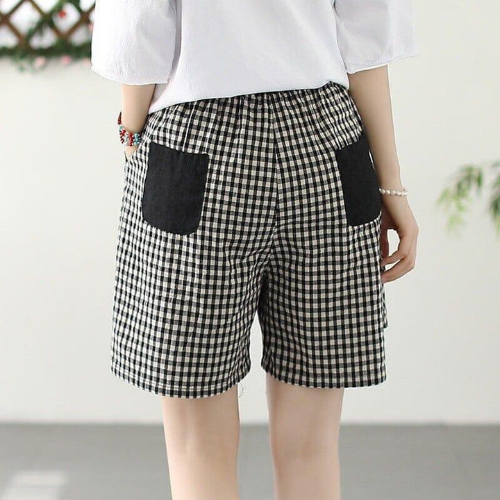 Women Summer Loose Plaid Cotton Loose Shorts - ZYLIRA