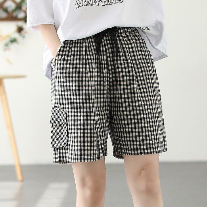 Women Summer Loose Plaid Cotton Loose Shorts - ZYLIRA