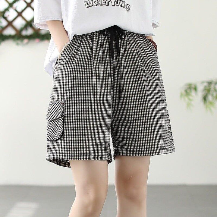 Women Summer Loose Plaid Cotton Loose Shorts - ZYLIRA