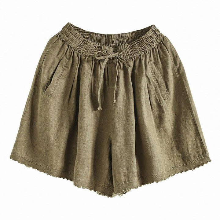 Women Summer Loose Solid Linen Trim Casual Shorts - ZYLIRA