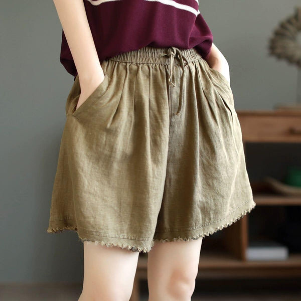 Women Summer Loose Solid Linen Trim Casual Shorts - ZYLIRA