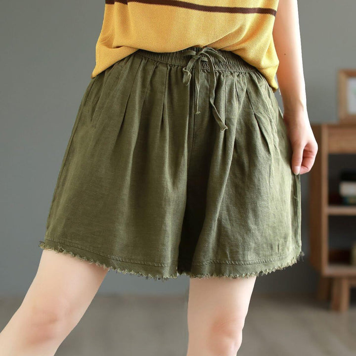 Women Summer Loose Solid Linen Trim Casual Shorts - ZYLIRA