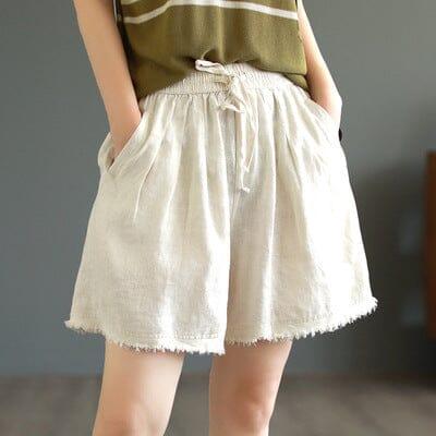 Women Summer Loose Solid Linen Trim Casual Shorts - ZYLIRA