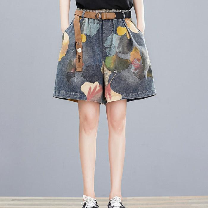 Women Summer Retro Floral Printed Denim Loose Shorts - ZYLIRA