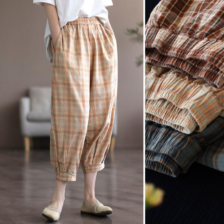 Women Summer Retro Linen Plaid Cropped Trousers - ZYLIRA