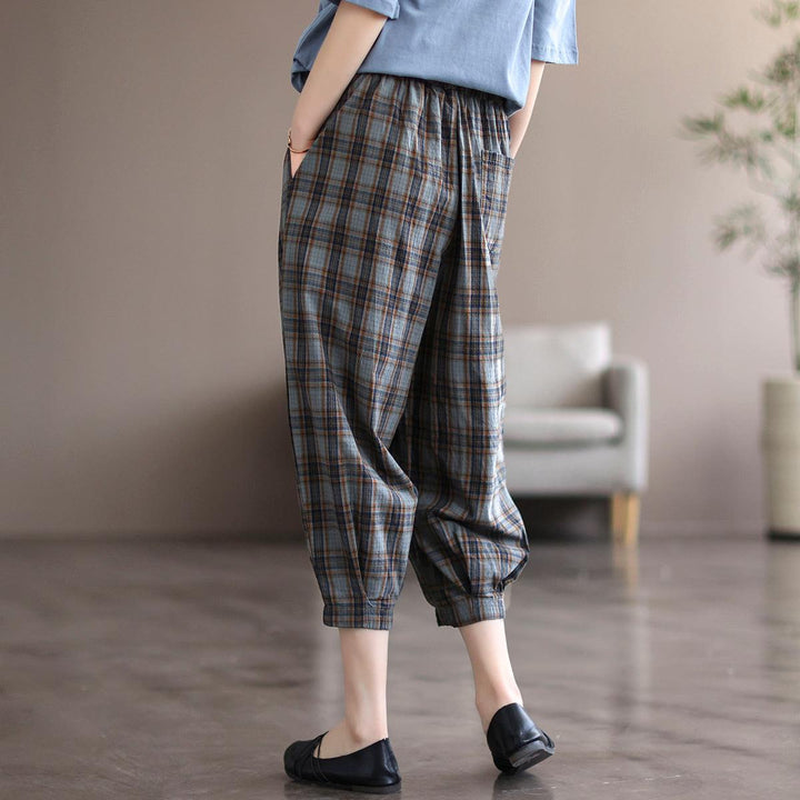 Women Summer Retro Linen Plaid Cropped Trousers - ZYLIRA