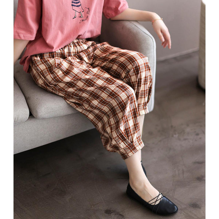 Women Summer Retro Linen Plaid Cropped Trousers - ZYLIRA