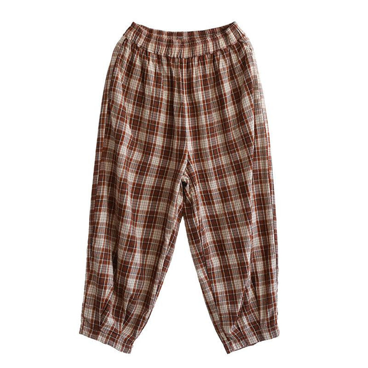 Women Summer Retro Linen Plaid Cropped Trousers - ZYLIRA