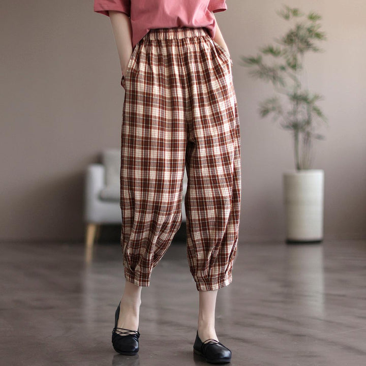 Women Summer Retro Linen Plaid Cropped Trousers - ZYLIRA