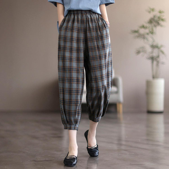 Women Summer Retro Linen Plaid Cropped Trousers - ZYLIRA