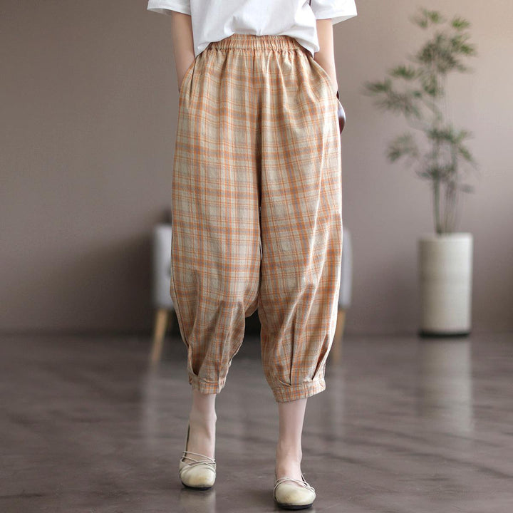 Women Summer Retro Linen Plaid Cropped Trousers - ZYLIRA