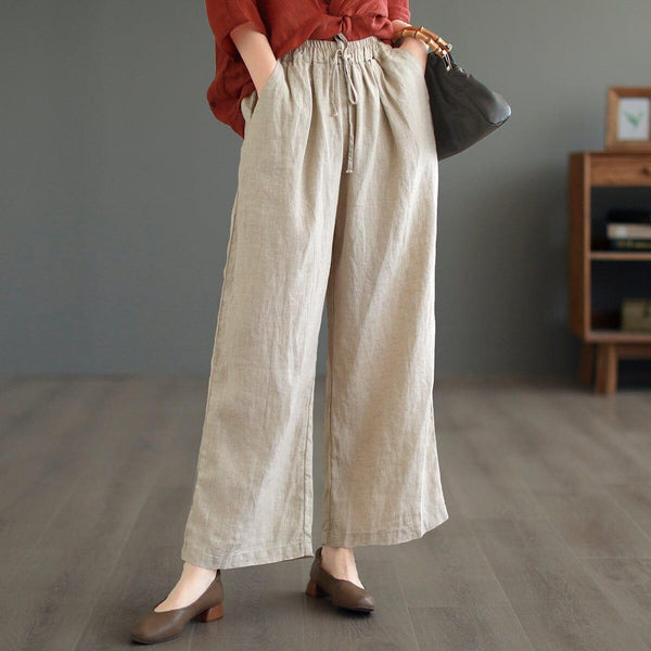 Women Summer Solid Loose Linen Casual Wide Leg Pants - ZYLIRA