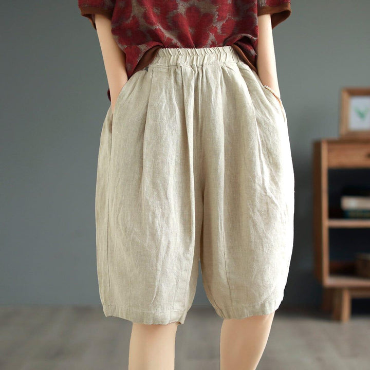 Women Summer Solid Retro Linen Casual Shorts - ZYLIRA