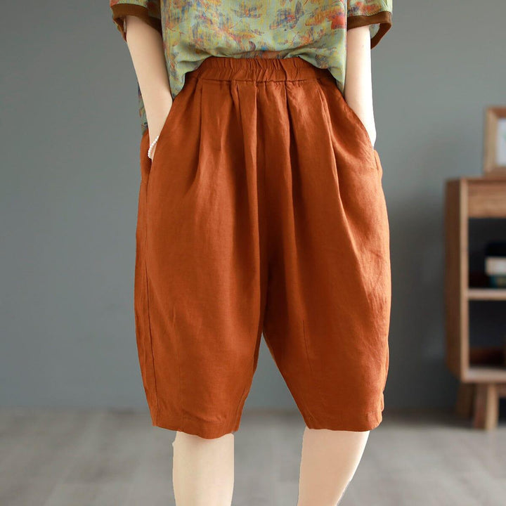 Women Summer Solid Retro Linen Casual Shorts - ZYLIRA